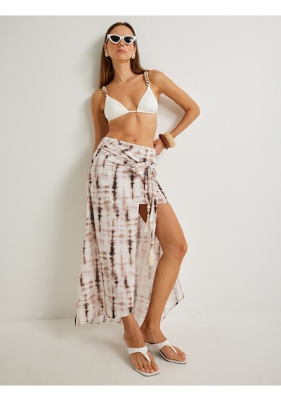 Koton Koton X Şahika Ercümen - Midi Boy Sarong Etek Batik Desenli Yüksek Bel Pamuklu Kahverengi Desenli 4sak70266ew Kahverengi