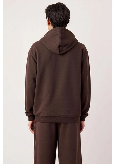 Benerly Erkek Kapüşonlu Düşük Kol Uzun Kollu Oversize Kalıp Sweatshirt Fo Koyu Kahverengi