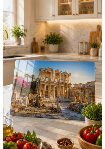 Gökçeoğlu Cam Kesme Tahtası İzmir Efes Antik Kenti Temalı - Cam Kesme Tablası 30cm X 40cm Beyaz