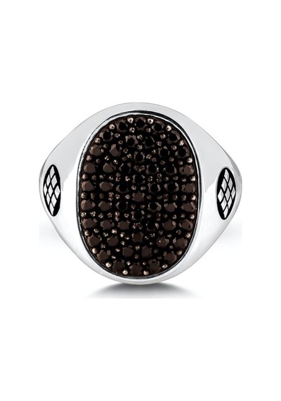 Mini Karo Motifli Siyah Onix Taşlı 925 Ayar Gümüş Yüzük - 500057268