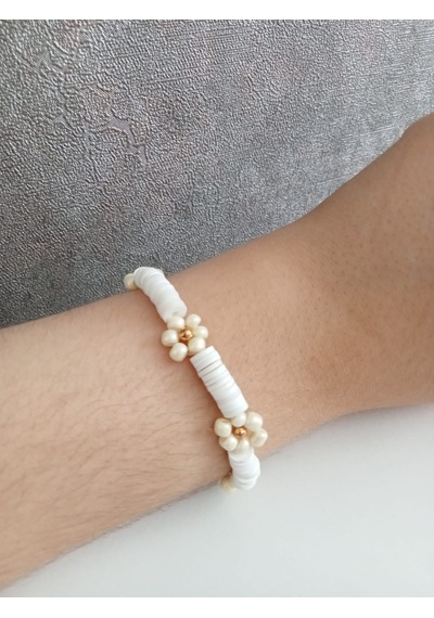 Nle Accessory Çiçekli Fimo Boncuklu Bileklik Beyaz