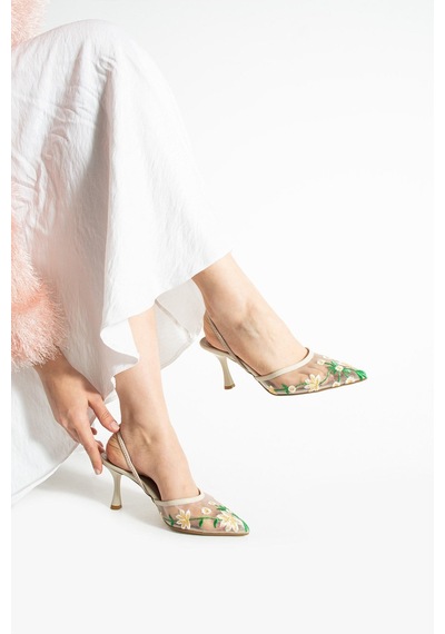 Lebibe Shoes Daısy Çiçek İşlemeli Tül Dokulu 7cm Bantlı Bej Topuklu Ayakkabı