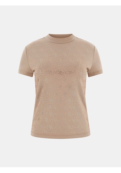 Guess W4bı26j1314 Ss Mock Neck All Ove Kadın Tişört Bej
