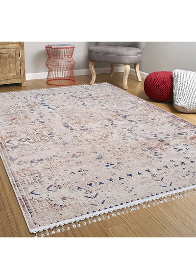 Bej Mavi Turuncu Modern Vintage Halı - 5042ou Bej - Mavi