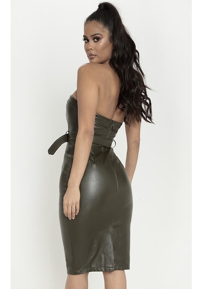 Fashion Cocktail Düğmeli Sexy Dar Suni Deri Dekoratif Düğmeli Kemerli Gece Elbise Siyah