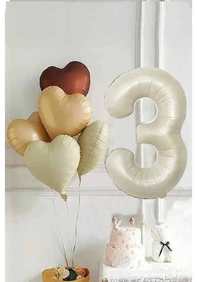 Beysüs 3 Yaş Retro Doğum Günü Balon Seti 5 Adet Kalp Balon Standart
