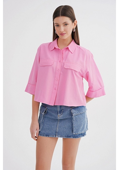 Mixray 4660 Kadın Kısa Kol Crop Gömlek Pembe
