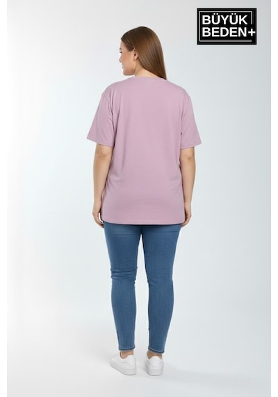 Superlife Kadın Büyük Beden Ar Baskılı 3xl-6xl Bisiklet Yaka Tshırt Spr26btsk510-1 Lila