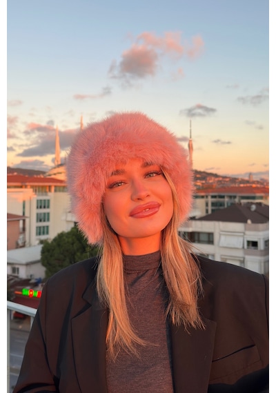 Mollycrush Elit Rus Slav Tarzı Suni Kürklü I Çi Deri Peluş Tüylü Kadın Kalpak Şapka Pembe