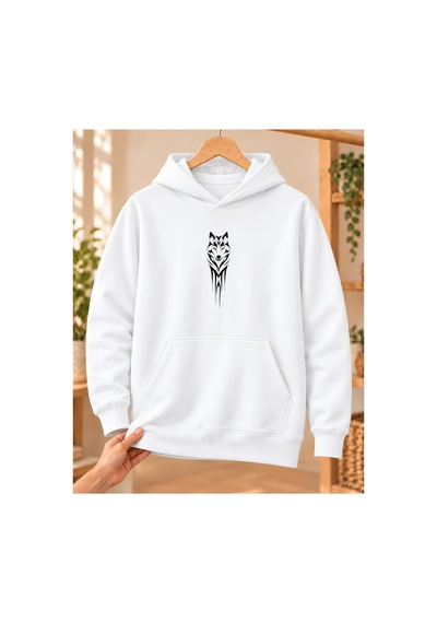 Mor Mürekkep Tribal Bozkurt Başı Baskılı Kapüşonlu Sweatshirt - Beyaz