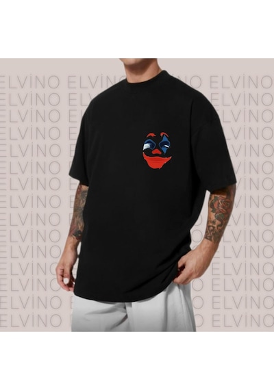Noıssey Siyah Joker Baskılı Oversize Unisex Kadın/erkek Siyah Bisiklet Yaka