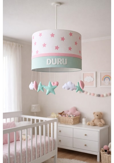 Pembe Yıldızlı Bebek Odası Avizesi El Yapımı Kişiye Özel Sarkıt Aydınlatma 30x20 Cm Mint Pembe