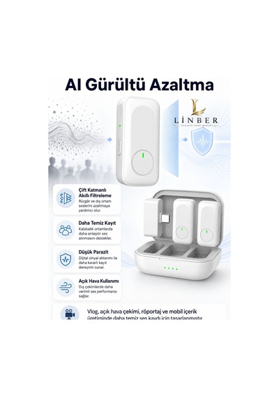 Type-c Girişli Beyaz Kablosuz Yaka Mikrofonu Şarj Kutulu 2 Verici 1 Alıcı 48khz 24bit Gürültü Engellemeli Beyaz Beyaz