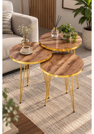 Sulorahome Gold Ceviz Desenli Zigon Sehpa Seti Ceviz - Altın