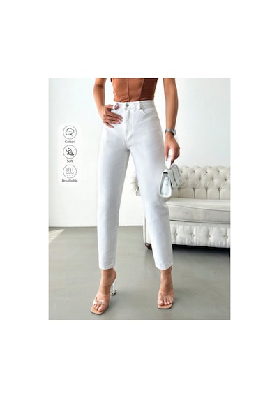 Kene Jeans Yüksek Bel Beyaz Keten Mom Pantolon Beyaz