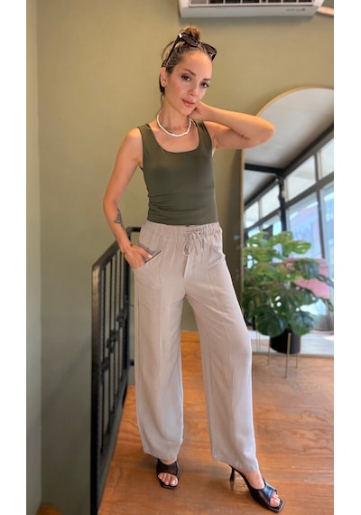 Ali Butik Gri Önü Çımalı Rahat Kalıp Keten Pantolon
