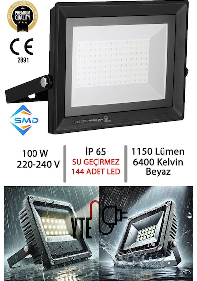 Led Projektör 100 W İp 65 Su-toz Geçirmez 11550 Lm Smd Led Yüksek Işık Beyaz 6400k Pars-100 1 Adet