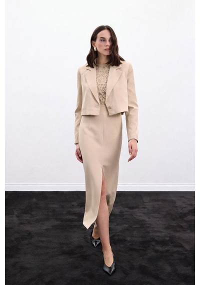 Sateen Yırtmaçlı Midi Etek - Bej-136985 Bej