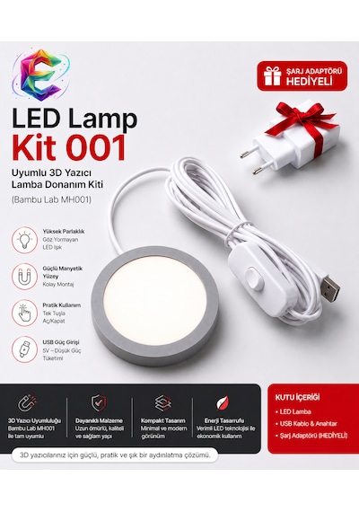 Led Lamp - Kit 001 Uyumlu 3d Yazıcı Lamba Donanım Kiti Beyaz Bambu Lab Mh001 Tam Uyumlu + Şarj Adaptörü Hediyeli Gri