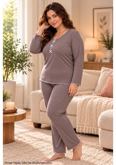 Seboteks Mevsimlik İnce Kumaş Puantiyeli Uzun Kollu Büyük Beden Kadın Pijama Takımı 3157 Vizon Seboteks Mevsimlik İnce Kumaş Puantiyeli Uzun Kollu Büyük Beden Kadın Pijama Takımı 3157 Vizon