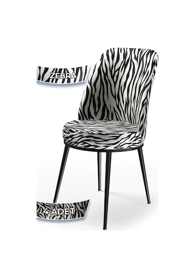 Canisa Concept Dexa Serisi, Üst Kalite Yemek Odası Sandalyesi, Metal Siyah Iskeletli, 4 Adet Zebra Desen Sandalye Zebra Desen Sandalye