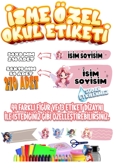 Okul Etiketi Kalem Defter Etiketi İsme Özel Etiket Set10