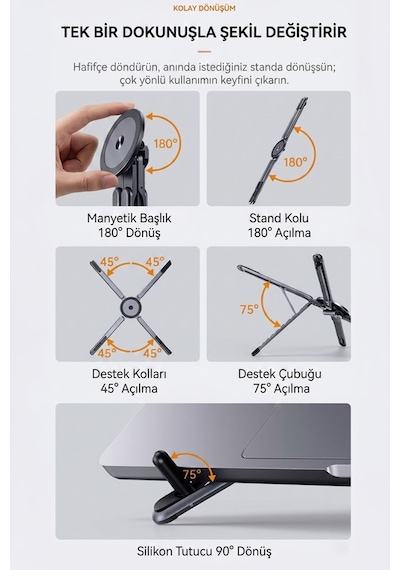 3'ü 1 Arada Magsafe Uyumlu Alüminyum Stand - Selfie Çubuğu, Telefon, Tablet Ve Laptop Tutucu Krom