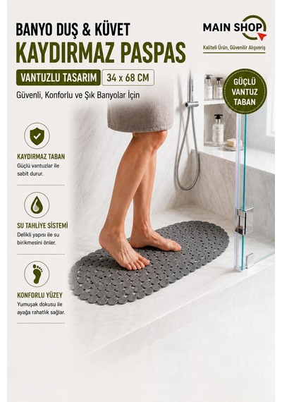 Mainshop Güvenli Ve Kaydırmaz Gri Duş Paspası - 34x68 Cm Vantuzlu Banyo Paspası M-130
