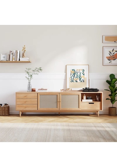 Ahşap Rattan Kapak Detaylı Modern Tv Ünitesi Natürel