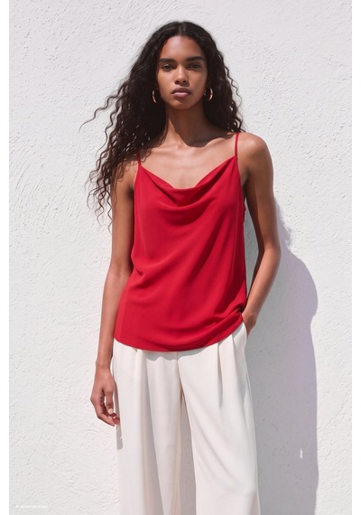 Sateen Askılı Degaje Yaka Bluz - Kırmızı-137665