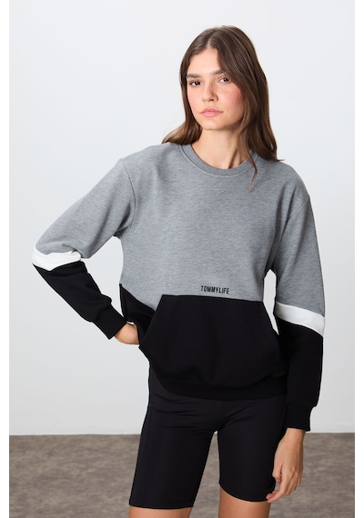 Tommy Life Gri Melanj Kompakt Pamuklu Kalın Pürüzsüz Dokulu O Yaka Oversize Fit Kadın Sweatshirt - 97289 Gri Melanj