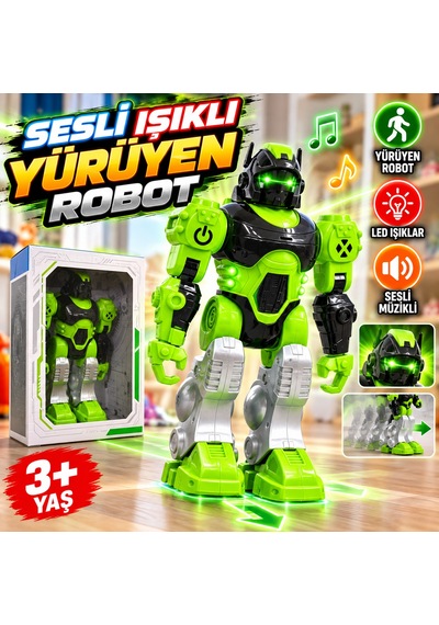 Sesli Ve Işıklı Yürüyen Robot Oyuncak Hareketli, Müzikli, Led Işıklı - Yeşil