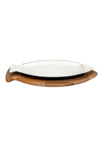 Lava Döküm Balık Tabağı Döküm Demir Yekpare Kulplu Kayın Servis Ahşabı Ölçü 20x32 Cm Sable Mavi