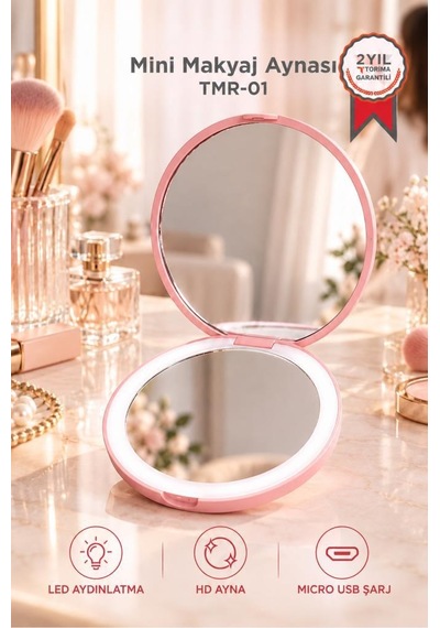 Torima Led Işıklı Type-c Şarjlı Makyaj Aynası Çift Taraflı Hd Mini Ayna Tmr01 Pembe