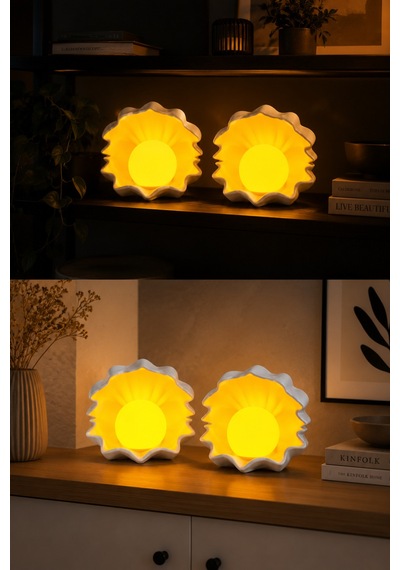 Deniz Kabuğu Led Gece Lambası 2'li Set 2 Led Mum Hediyeli Dekoratif Ortam Aydınlatması Beyaz