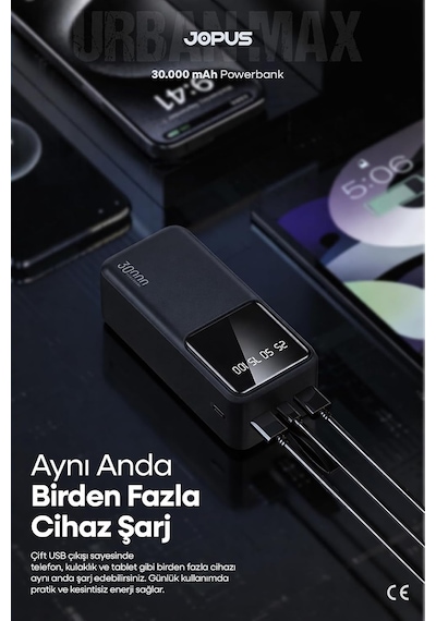 30000mah Powerbank Lcd Ekranlı Taşıma Askılı Güçlü Taşınabilir Şarj Cihazı Siyah, 17500