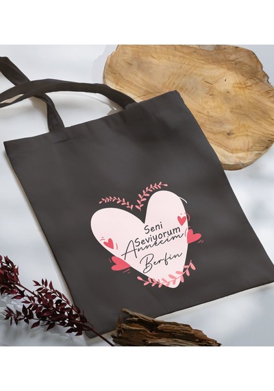 Bk Gift Kişiye Özel İsimli Anneler Günü Tasarımlı Antrasit Kumaş Bez Çanta, Baskılı Omuz Çantası, Alışveriş Çantası, Anneler Günü Hediyesi, Anneye Hediye-10 Sarı