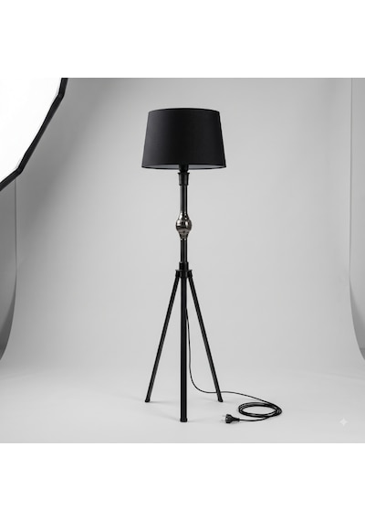 Enderun Tripod Metal Ayaklı Lambader Siyah Hazır Başlık Köşe Lambası Salon Aydınlatması