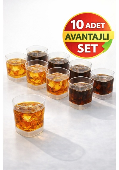 10'lu Set Viski, Meşrubat Kare Plastik Bardak 220 Cc