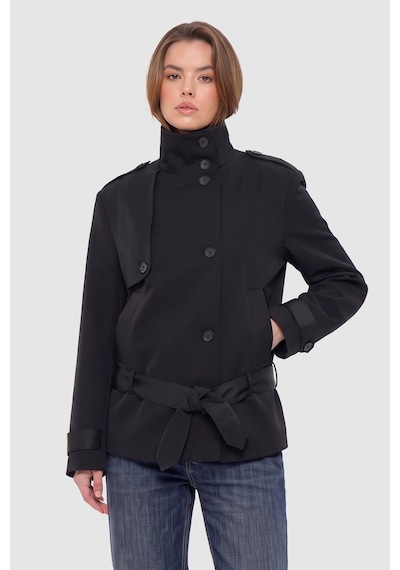 Thalure Kadın Siyah Dik Yaka Oversize Kısa Trençkot
