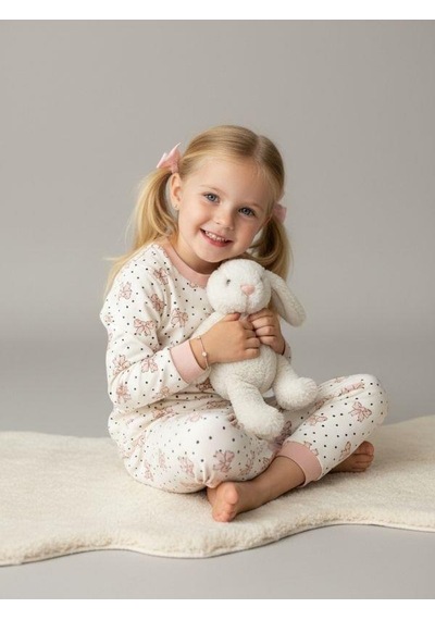 Kız Çocuk Pamuklu Fiyonk Baskılı Pijama Takımı-16833 Pudra