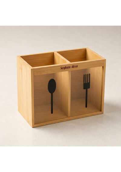 Bk Gift Kişiye Özel 2 Bölmeli Bambu Kaşıklık, Doğal Ahşap Mutfak Düzenleyici 18x9x13 Cm