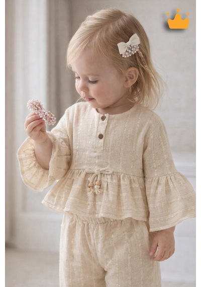 Babyhola Kız Bebek Çocuk Bayramlık Takım Volan Kollu Simli Müslin 2011 Bej