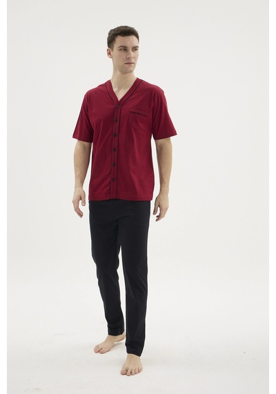 Angbutik Kocabey 2210 Erkek Battal V.yaka Boydan Düğmeli Pijama Takım Bordo