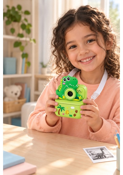 Kj/zm-002 Zoomy-d Dinozor Figürlü Anında Baskılı Çocuk Fotoğraf Makinesi, Çift Kamera, 2,4 İnç Ekran, 1080p Video, 3+ Yaş Yeşil