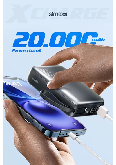 Simex 20.000 Mah 22.5w Hızlı Şarj Pd Powerbank Kendinden Kablolu Ve Dijital Göstergeli Taşınabilir Cihazı Standart