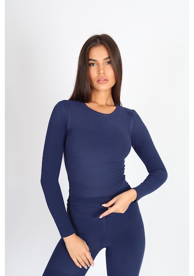 Soft&Basic Kadın Uzun Kollu Baskılı Bisiklet Yaka Lacivert Body Lacivert