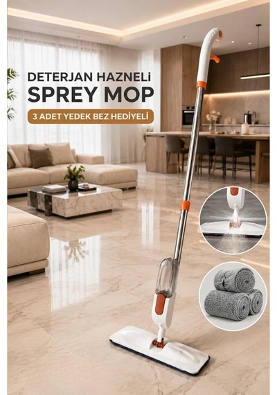 Deterjan Hazneli Sprey Mop Seti - 360 Derece Döner Başlıklı Püskürtmeli Mop, 3 Adet Mikrofiber Yedek Bezi Hediyeli