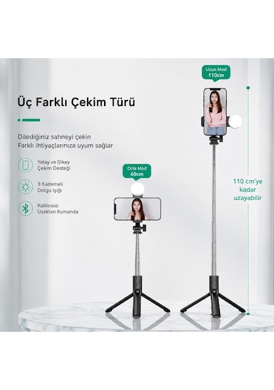 Yolans G4 Led Işıklı Selfie Çubuğu Tripod, 113 Cm Uzayabilen Bluetooth Kumandalı Selfie Stick, 3 Işık Modlu Beya