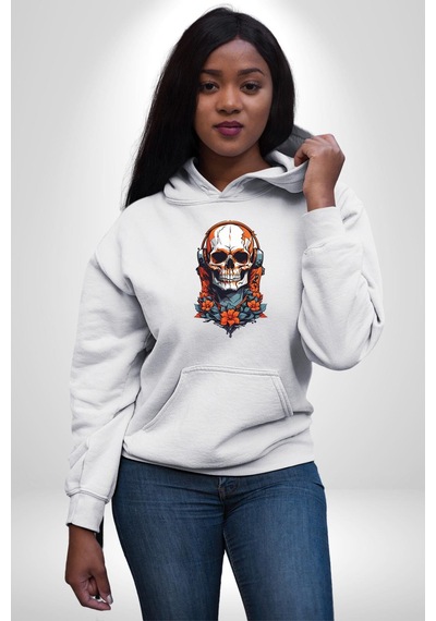 Müzik Kulaklık Takan Kurukafa Kırmızı Gül Kadın Erkek Beyaz Kapüşonlu Sweatshirt Hoodie Beyaz